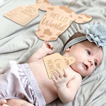 Huray Rayho Cow Baby Monthly Cards Rustic Wooden Herd Cattle Newborn Photography Props to Record Your Baby´s Growth, Gift Set of 14 Reversible Cards for Pregnancy and Baby Shower
