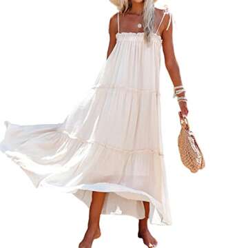 FULA-bao Women's Summer Adjustable Spaghetti Strap Sleeveless Dresses Casual Loose Tiered Ruffle Flo...