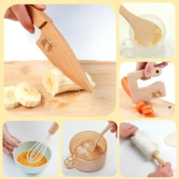 Wooden Kids Safe Knife and Kids Baking Set for Real Cooking, 8 PCS Toddler Montessori Kitchen Tools, Cooking and Baking for Kids Little Chefs Montessori Kitchen Tools for Toddlers-Kids Cooking Sets