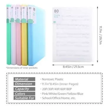 Phyxin Plastic Presentation Book Portfolio Folder 80 Pockets File Folder Clear Sleeves Protectors Display Book Document Organizer for Music Sheets Artwork Drawing for School Office Business 5 Pack