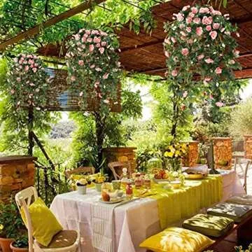 Homsunny Artificial Vine Silk Azalea Flowers,Hanging Plant in Basket, Ivy Fake Silk for Patio Lawn Garden Porch Home Spring Decor (Champagne)