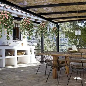 Homsunny Artificial Vine Silk Azalea Flowers,Hanging Plant in Basket, Ivy Fake Silk for Patio Lawn Garden Porch Home Spring Decor (Champagne)