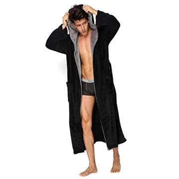 KEMUSI Black Soft Spa Bathrobe with Grey Shawl Collar for Men - Full Length
