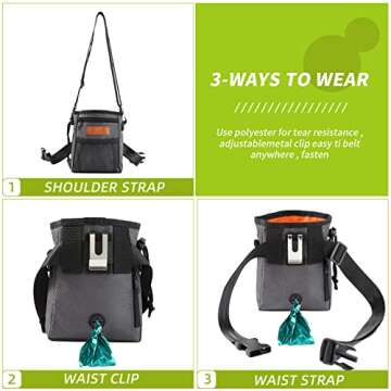 KHPR Dog Treat Training Pouch Easily Carries Pet Toys Kibble,Treats Built-in Poop Bag Dispenser 3 Ways to Wear Comes with a Foldable Silicone Bowl(Dark Grey)