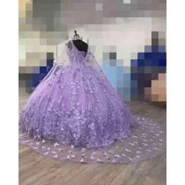 Ball Gown Quinceanera Dresses with Cape Formal Prom Evening Dresses Puffy Purple 3D Floral Printed Flower Butterflies Lace Corset Princess Cinderella 16