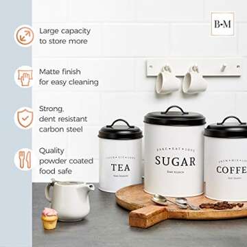 Baie Maison Large Kitchen Canisters Set of 3 - Farmhouse Canister Sets for Kitchen Counter White - Coffee Tea Sugar Container Set - Rustic Kitchen Canisters Farmhouse Style Decor - Metal Kitchen Jars