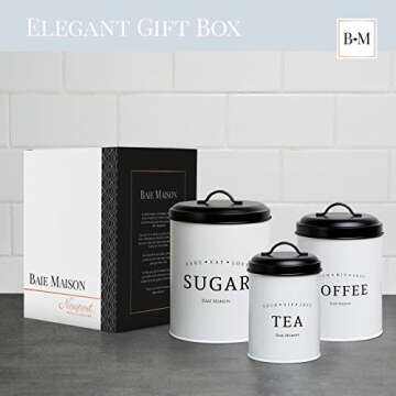 Baie Maison Large Kitchen Canisters Set of 3 - Farmhouse Canister Sets for Kitchen Counter White - Coffee Tea Sugar Container Set - Rustic Kitchen Canisters Farmhouse Style Decor - Metal Kitchen Jars