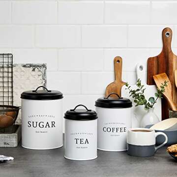 Baie Maison Large Kitchen Canisters Set of 3 - Farmhouse Canister Sets for Kitchen Counter White - Coffee Tea Sugar Container Set - Rustic Kitchen Canisters Farmhouse Style Decor - Metal Kitchen Jars