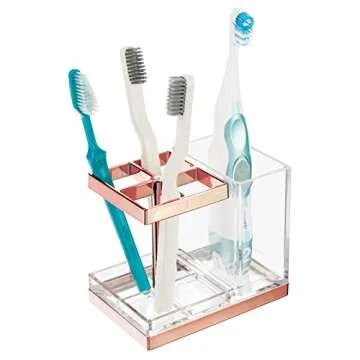 mDesign Plastic Toothbrush and Toothpaste Storage Organizer Holder - Home Decor for Bathroom Countertop - Holds Toiletries and Beauty Accessories - Lumiere Collection - Clear/Rose Gold