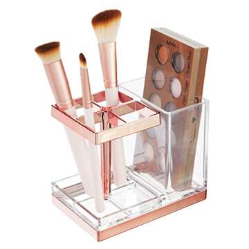 mDesign Plastic Toothbrush and Toothpaste Storage Organizer Holder - Home Decor for Bathroom Countertop - Holds Toiletries and Beauty Accessories - Lumiere Collection - Clear/Rose Gold