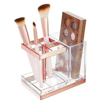 mDesign Plastic Toothbrush and Toothpaste Storage Organizer Holder - Home Decor for Bathroom Countertop - Holds Toiletries and Beauty Accessories - Lumiere Collection - Clear/Rose Gold