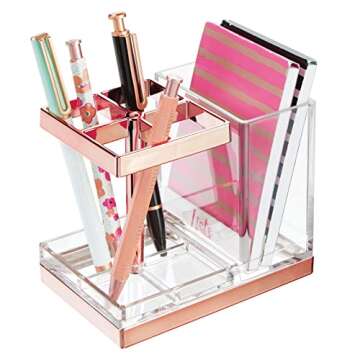 mDesign Plastic Toothbrush and Toothpaste Storage Organizer Holder - Home Decor for Bathroom Countertop - Holds Toiletries and Beauty Accessories - Lumiere Collection - Clear/Rose Gold