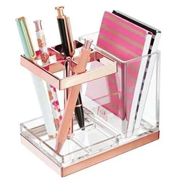 mDesign Plastic Toothbrush and Toothpaste Storage Organizer Holder - Home Decor for Bathroom Countertop - Holds Toiletries and Beauty Accessories - Lumiere Collection - Clear/Rose Gold