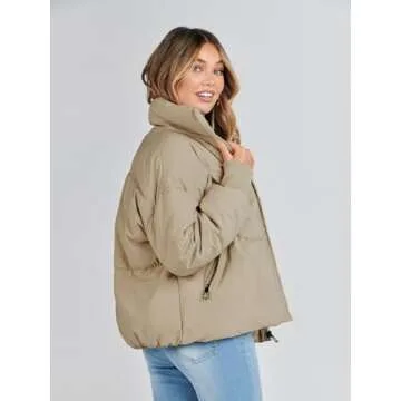 MEROKEETY Women's 2024 Winter Long Sleeve Zip Puffer Jacket Pockets Baggy Short Coats, Khaki, M
