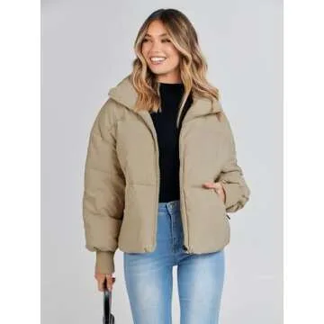MEROKEETY Women's 2024 Winter Long Sleeve Zip Puffer Jacket Pockets Baggy Short Coats, Khaki, M