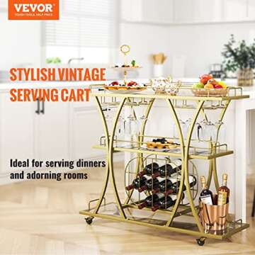 VEVOR Bar Cart Gold, 3 Tiers Home Bar Serving Cart on Lockable Wheels, Rolling Alcohol Cart with Tem...