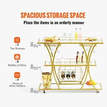 VEVOR Bar Cart Gold, 3 Tiers Home Bar Serving Cart on Lockable Wheels, Rolling Alcohol Cart with Tempered Glass Shelves Guardrail Wine Rack, Modern Wine Cart for Home Kitchen Dining and Living Room