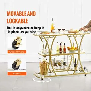 VEVOR Bar Cart Gold, 3 Tiers Home Bar Serving Cart on Lockable Wheels, Rolling Alcohol Cart with Tempered Glass Shelves Guardrail Wine Rack, Modern Wine Cart for Home Kitchen Dining and Living Room