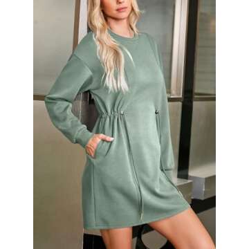 Dokotoo Women Drawstrings Waistband Long Sleeves Crew Neck Sweatshirt Casual Mini Dress,Laurel Green Small