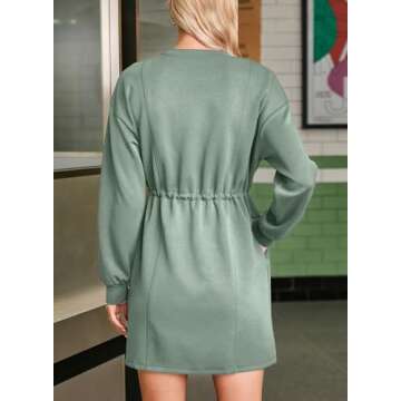 Dokotoo Women Drawstrings Waistband Long Sleeves Crew Neck Sweatshirt Casual Mini Dress,Laurel Green Small