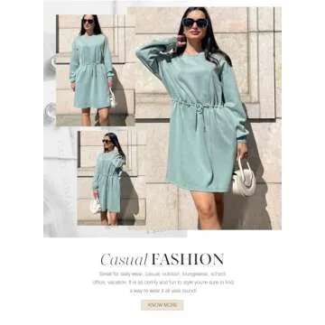 Dokotoo Women Drawstrings Waistband Long Sleeves Crew Neck Sweatshirt Casual Mini Dress,Laurel Green Small