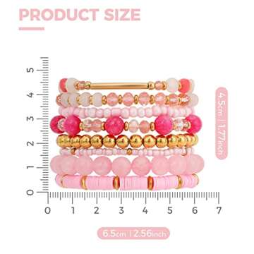 IDEAJOY 8 Pcs Pink Bracelet for Women, Bohemian Multi-Layer Beaded Stacking Summer Pink Bracelets Ba...