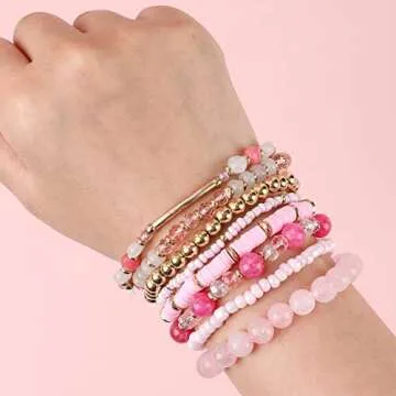 IDEAJOY 8 Pcs Pink Bracelet for Women, Bohemian Multi-Layer Beaded Stacking Summer Pink Bracelets Barbie Jewelry Gifts, Strand Stretch Sparkly Crystal Beads Wrap Slip-on Cuff Bangle Bracelet Set Gift