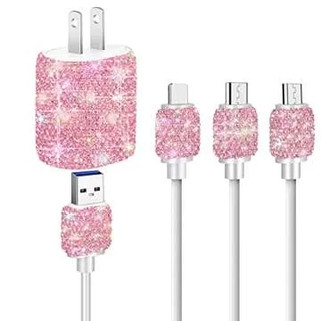 Bling USB Wall Charger with Charging Cable,Fast Block for iPhone Android,3 in 1 Multi Cable Micro US...