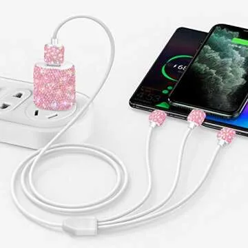 Bling USB Wall Charger with Charging Cable,Fast Block for iPhone Android,3 in 1 Multi Cable Micro USB Type C Multiple USB Cord with Crystal Decor,Cell Phone Accessories for Women,Girls (Pink)