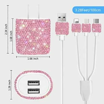 Bling USB Wall Charger with Charging Cable,Fast Block for iPhone Android,3 in 1 Multi Cable Micro USB Type C Multiple USB Cord with Crystal Decor,Cell Phone Accessories for Women,Girls (Pink)