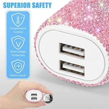 Bling USB Wall Charger with Charging Cable,Fast Block for iPhone Android,3 in 1 Multi Cable Micro USB Type C Multiple USB Cord with Crystal Decor,Cell Phone Accessories for Women,Girls (Pink)