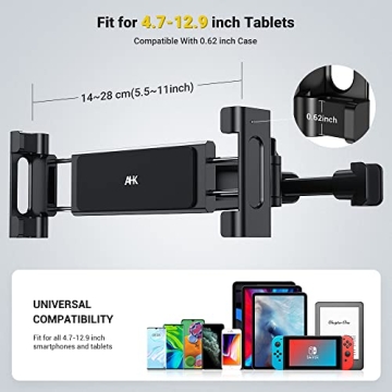 AHK Car Headrest Mount Holder, for iPad Pro/Air/Mini, Tablets, Nintendo Switch, iPhone, Samsung Galaxy/Note, Smartphones, Compatible with 4.5" to 10" Device, 360° Rotation