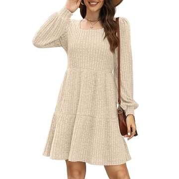SAMPEEL Womens Square Neck Long Sleeve Fall Dresses Casual Babydoll Sweater Dress