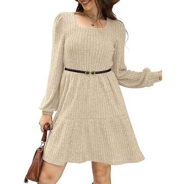 SAMPEEL Womens Square Neck Long Sleeve Fall Dresses Casual Babydoll Sweater Dress