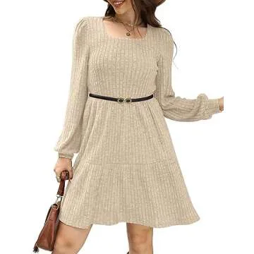 SAMPEEL Womens Square Neck Long Sleeve Fall Dresses Casual Babydoll Sweater Dress