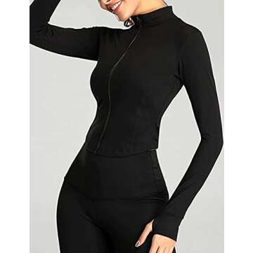 Gnveub Women’s Sports Running Jacket Slim Fit Stretchy Full Zip Athletic Workout Lightweight Jacket with Thumb Holes(Black,M)