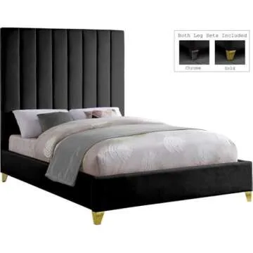 Meridian Furniture ViaBlack-K Via Collection Modern | Contemporary Rich Black Velvet Upholstered King Bed,Deep Channel Tufting, Gold and Chrome Legs, 81.5" W x 86" D x 70.5" H, Black