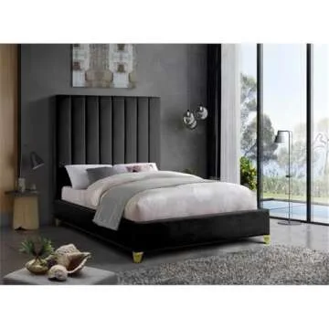 Meridian Furniture ViaBlack-K Via Collection Modern | Contemporary Rich Black Velvet Upholstered King Bed,Deep Channel Tufting, Gold and Chrome Legs, 81.5" W x 86" D x 70.5" H, Black
