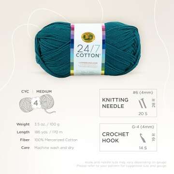 Lion Brand 24/7 Cotton Yarn, Lightweight Yarn for Knitting, Crocheting, and Crafts, Dragonfly, 1 Pack