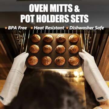 Rorecay Extra Long Oven Mitts and Pot Holders Sets: Heat Resistant Silicone Oven Mittens with Mini O...