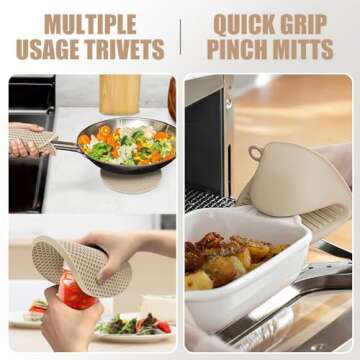 Rorecay Extra Long Oven Mitts and Pot Holders Sets: Heat Resistant Silicone Oven Mittens with Mini Oven Gloves Hot Pads Potholders for Kitchen Baking Cooking, Quilted Liner, Pack of 6 (Milkshake)