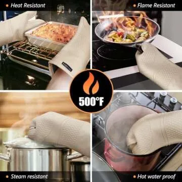 Rorecay Extra Long Oven Mitts and Pot Holders Sets: Heat Resistant Silicone Oven Mittens with Mini Oven Gloves Hot Pads Potholders for Kitchen Baking Cooking, Quilted Liner, Pack of 6 (Milkshake)