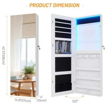 LVSOMT Wall/Door Hanging Mirror with Jewelry Storage, Lockable Jewelry Armoire Organizer with LED Li...