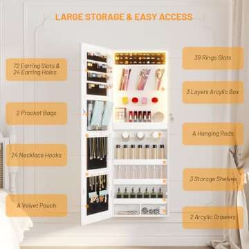 LVSOMT Wall/Door Hanging Mirror with Jewelry Storage, Lockable Jewelry Armoire Organizer with LED Lights, Mirror Jewelry Cabinet,White