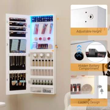 LVSOMT Wall/Door Hanging Mirror with Jewelry Storage, Lockable Jewelry Armoire Organizer with LED Lights, Mirror Jewelry Cabinet,White