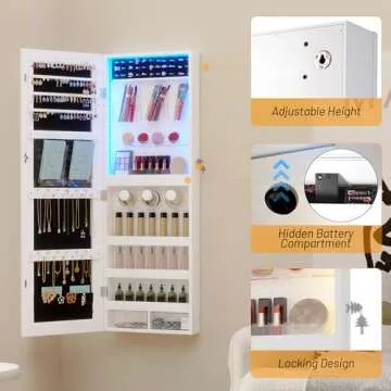 LVSOMT Lockable Jewelry Cabinet with Full-Length Mirror