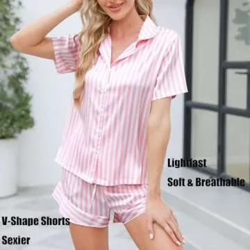 OUSEDISIE Women Satin Striped Pajama Set in Pink XL
