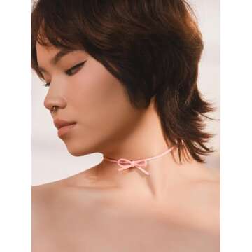 OJERRY Pink Suede Bow Coquette Choker Necklace Jewelry for Women, Simple Bow Necklaces Aesthetic, Romantic Gifts for Women Trendy Stuff for In Their Her 20s