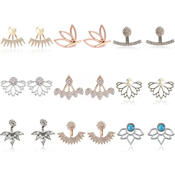 9 Pairs Rose Gold Silver Hollow Lotus Flower Earrings Simple Chic Crystal Pearl Turquoise Stud Earri...