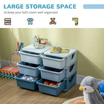 Qaba 3 Tier Kids Storage Unit, 6 Drawer Chest Toy Organizer Plastic Bins for Kids Bedroom Nursery Kindergarten Living Room for Boys Girls Toddlers, Blue